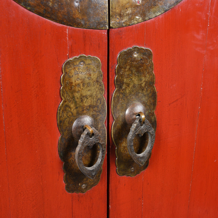 Brass Handle Detail from an Antique Red Lacquer Chinese Ningbo Wedding Cabinet From Zhejiang - Ca 1900