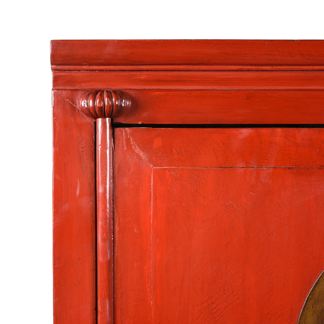 Melon Joint Hinge on an Antique Red Lacquer Chinese Ningbo Wedding Cabinet From Zhejiang - Ca 1900