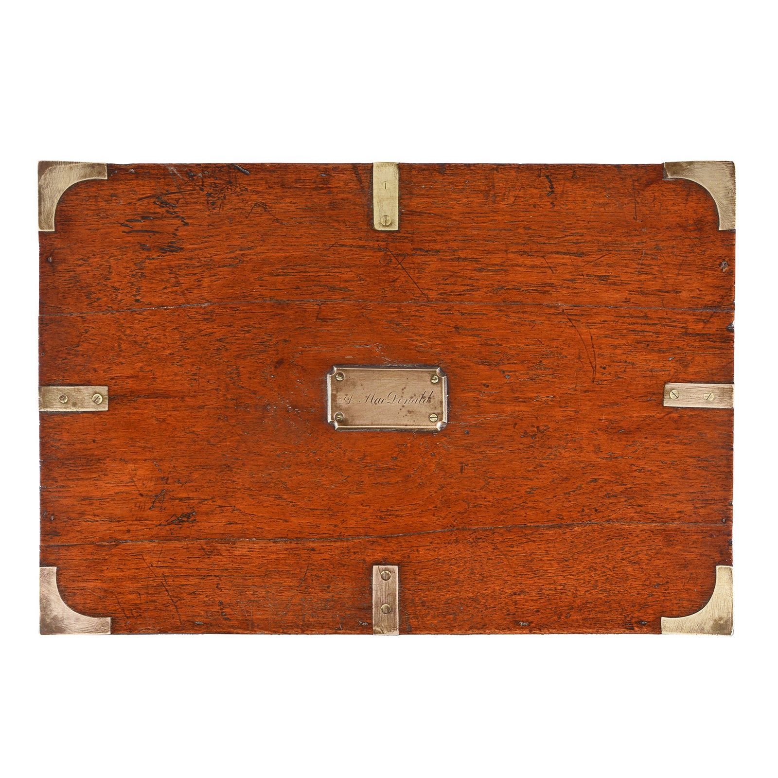 Top Down View Of Antique Brass Bound Teak Military Chest (Etched McDonald) | Indigo Antiques