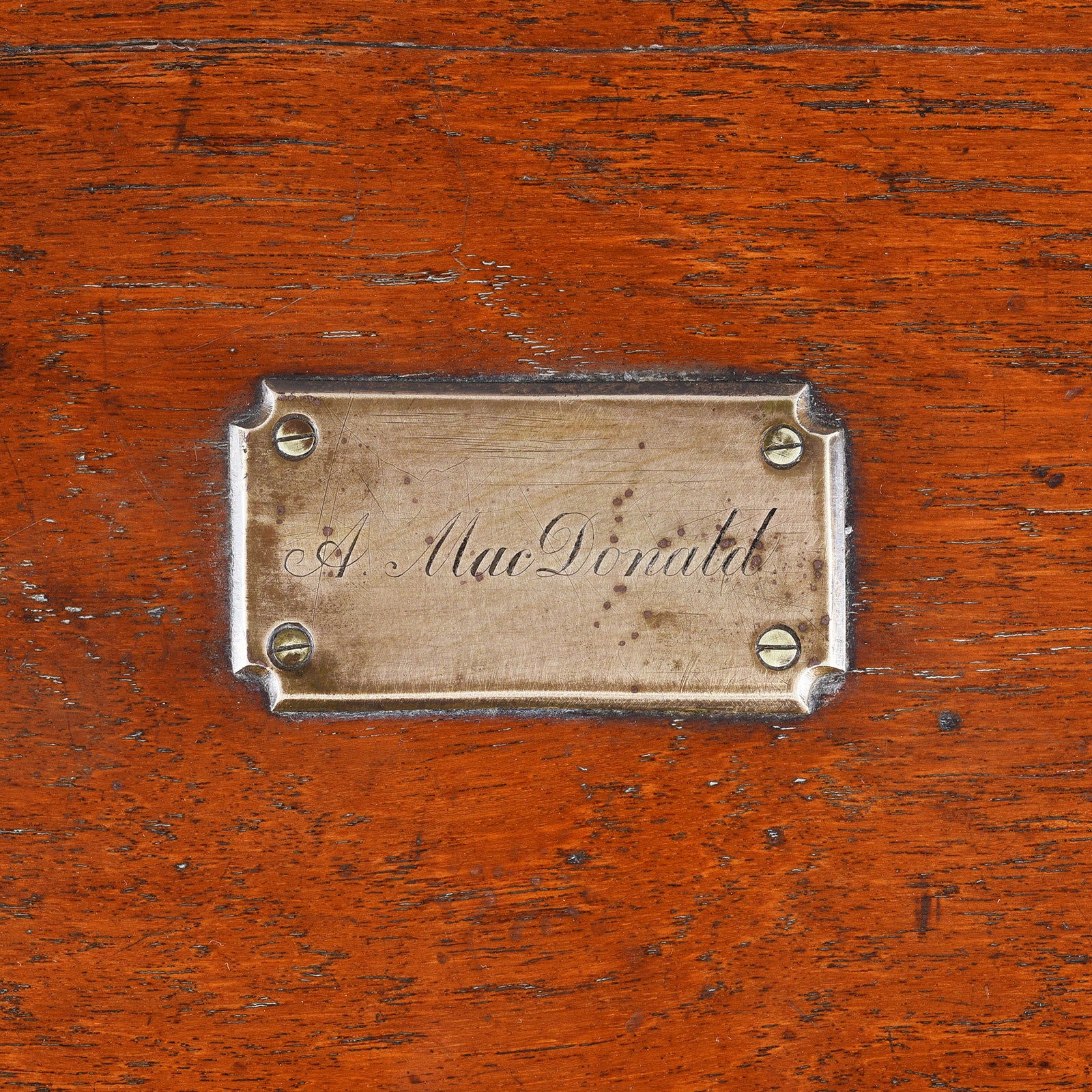 Name-plate Detail From Antique Brass Bound Teak Military Chest (Etched McDonald) | Indigo Antiques