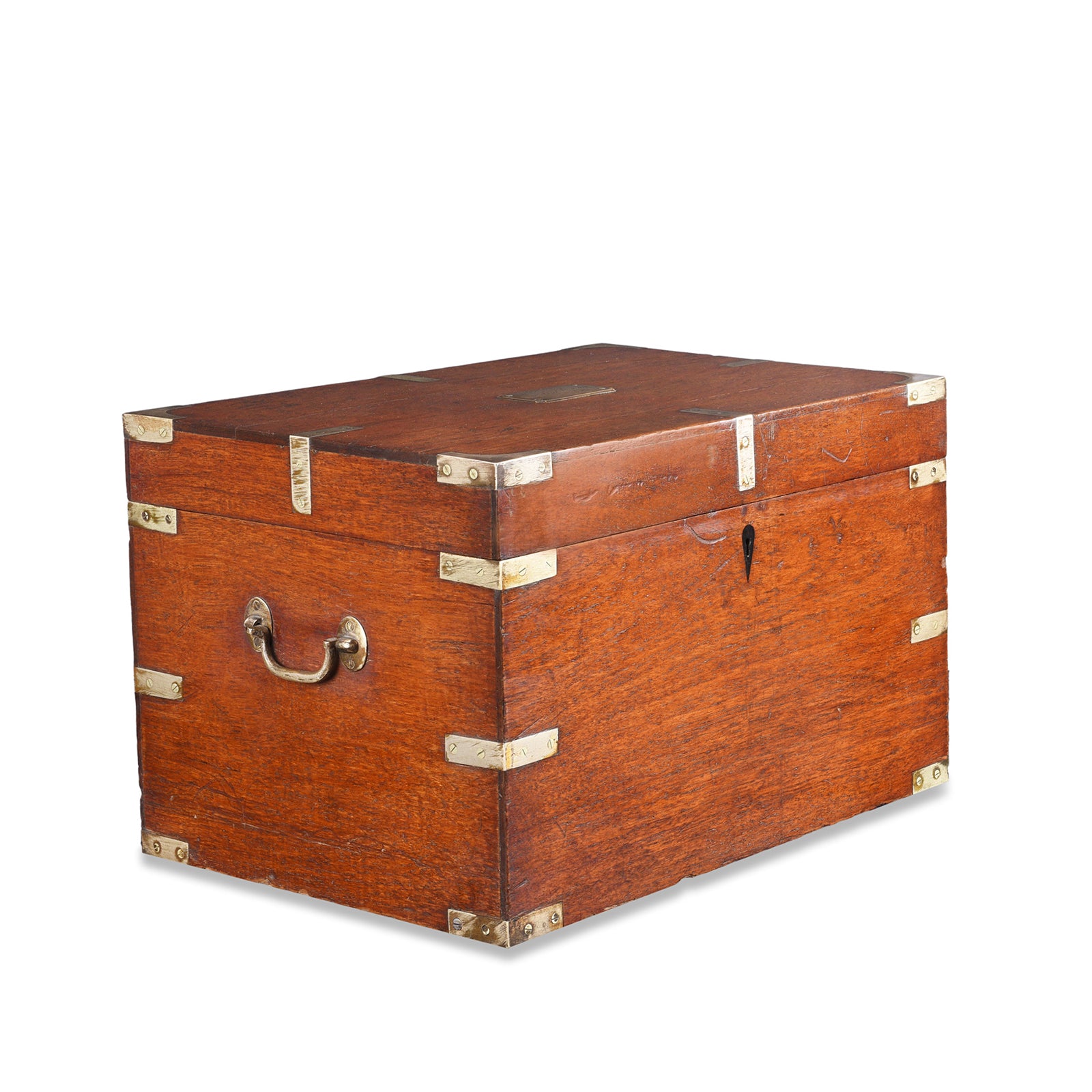 Angled View Of Antique Brass Bound Teak Military Chest (Etched McDonald) | Indigo Antiques