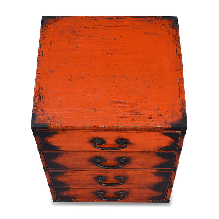 Top Down View Of Vintage Japanese Red Negoro Dansu Chest | Indigo Antiques
