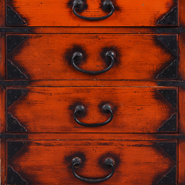 Drawer Detail From Vintage Japanese Red Negoro Dansu Chest | Indigo Antiques