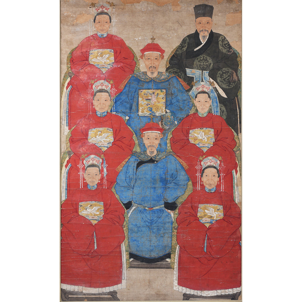Chinese Qing Ancestor Portrait With Court Robes And Crane Phoenix Rank Badges In Black Frame
