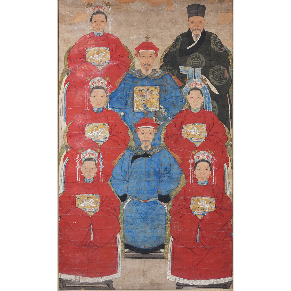 Chinese Qing Ancestor Portrait With Court Robes And Crane Phoenix Rank Badges In Black Frame