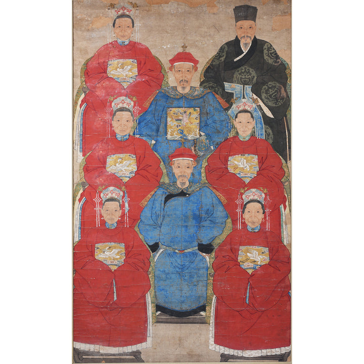 Chinese Qing Ancestor Portrait With Court Robes And Crane Phoenix Rank Badges In Black Frame