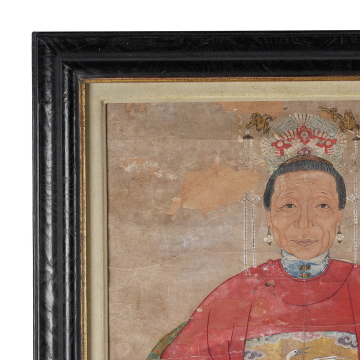 Frame Detail From Chinese Qing Ancestor Portrait With Court Robes And Crane Phoenix Rank Badges In Black Frame