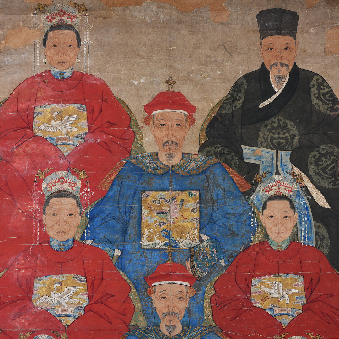 Central Detail From Chinese Qing Ancestor Portrait With Court Robes And Crane Phoenix Rank Badges In Black Frame
