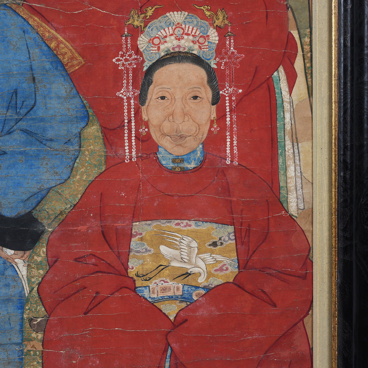 Detail From Woman In Chinese Qing Ancestor Portrait With Court Robes And Crane Phoenix Rank Badges In Black Frame