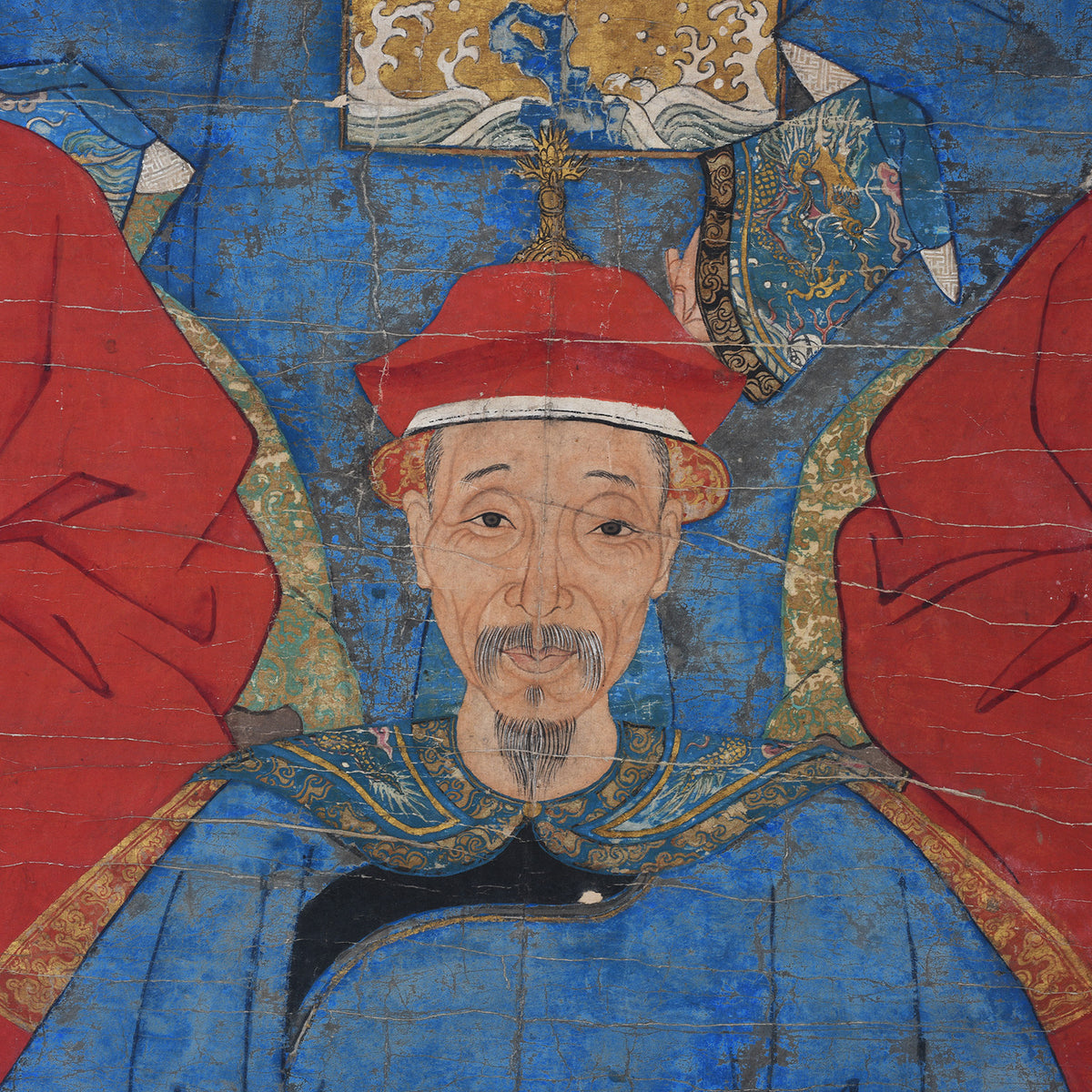 Detail From Man In Chinese Qing Ancestor Portrait With Court Robes And Crane Phoenix Rank Badges In Black Frame