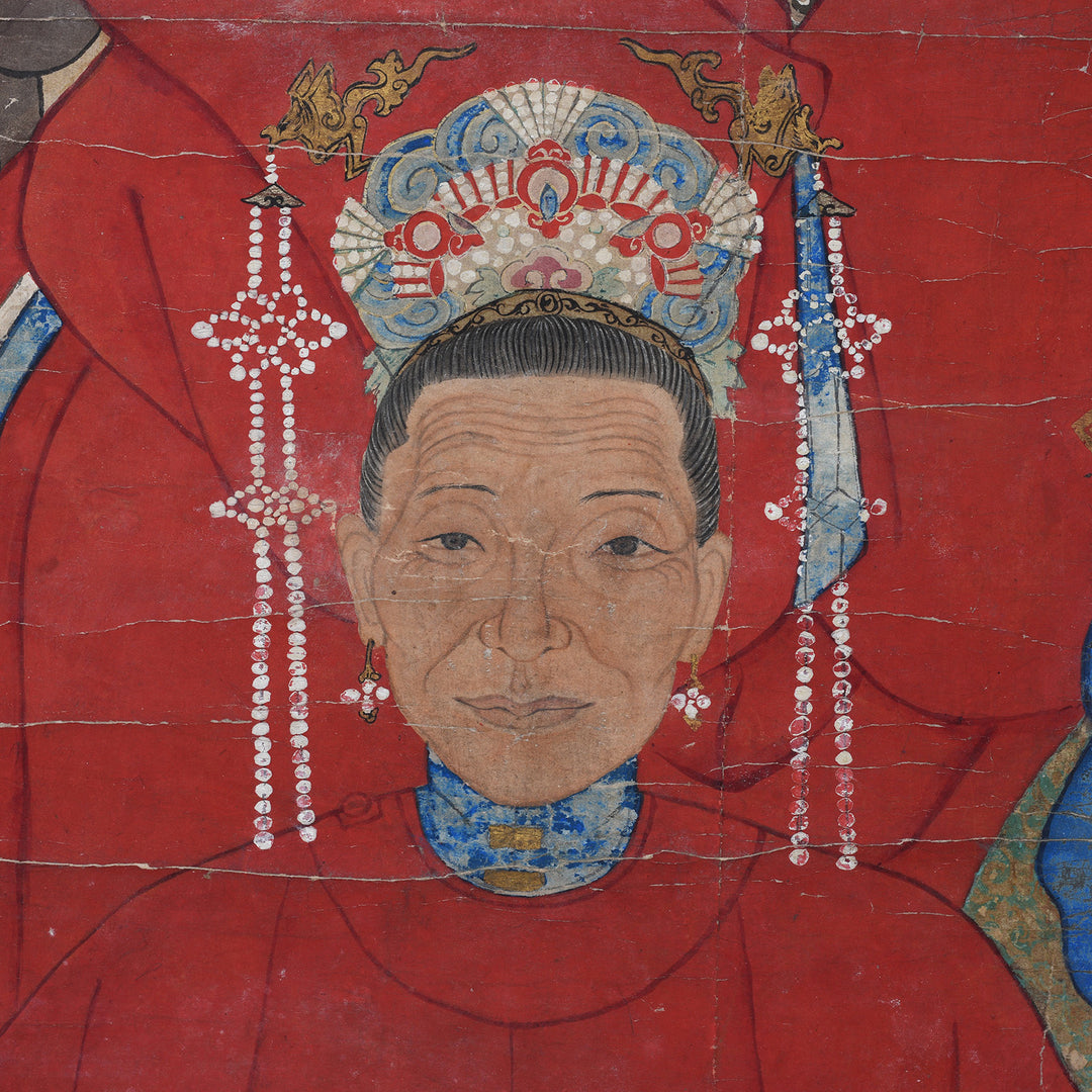 Detail From Woman In Chinese Qing Ancestor Portrait With Court Robes And Crane Phoenix Rank Badges In Black Frame