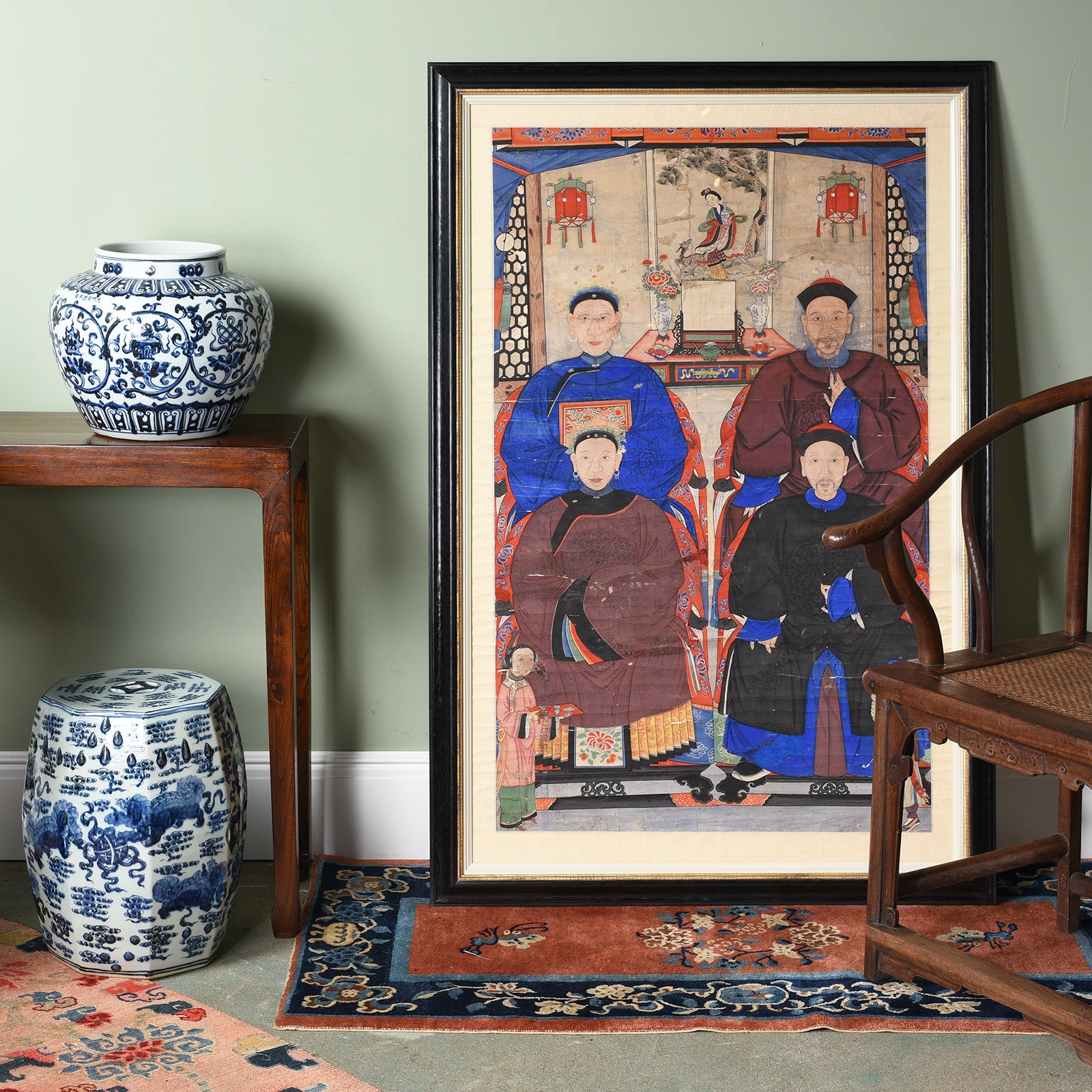 Chinese Antique Interior with an ancestor painting and blue & white porcelain | Indigo Antiques