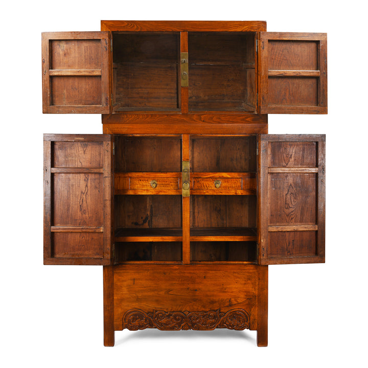 Open detail on an Antique Chinese Yumu Elm Compound Cabinet & Hat Chest From Tianjin With Original Brass Hardware | Indigo Antiques