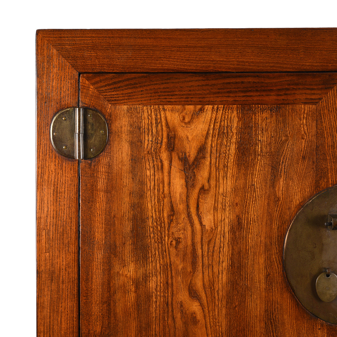 Yumu elm wood grain on an Antique Chinese Yumu Elm Compound Cabinet & Hat Chest From Tianjin With Original Brass Hardware | Indigo Antiques