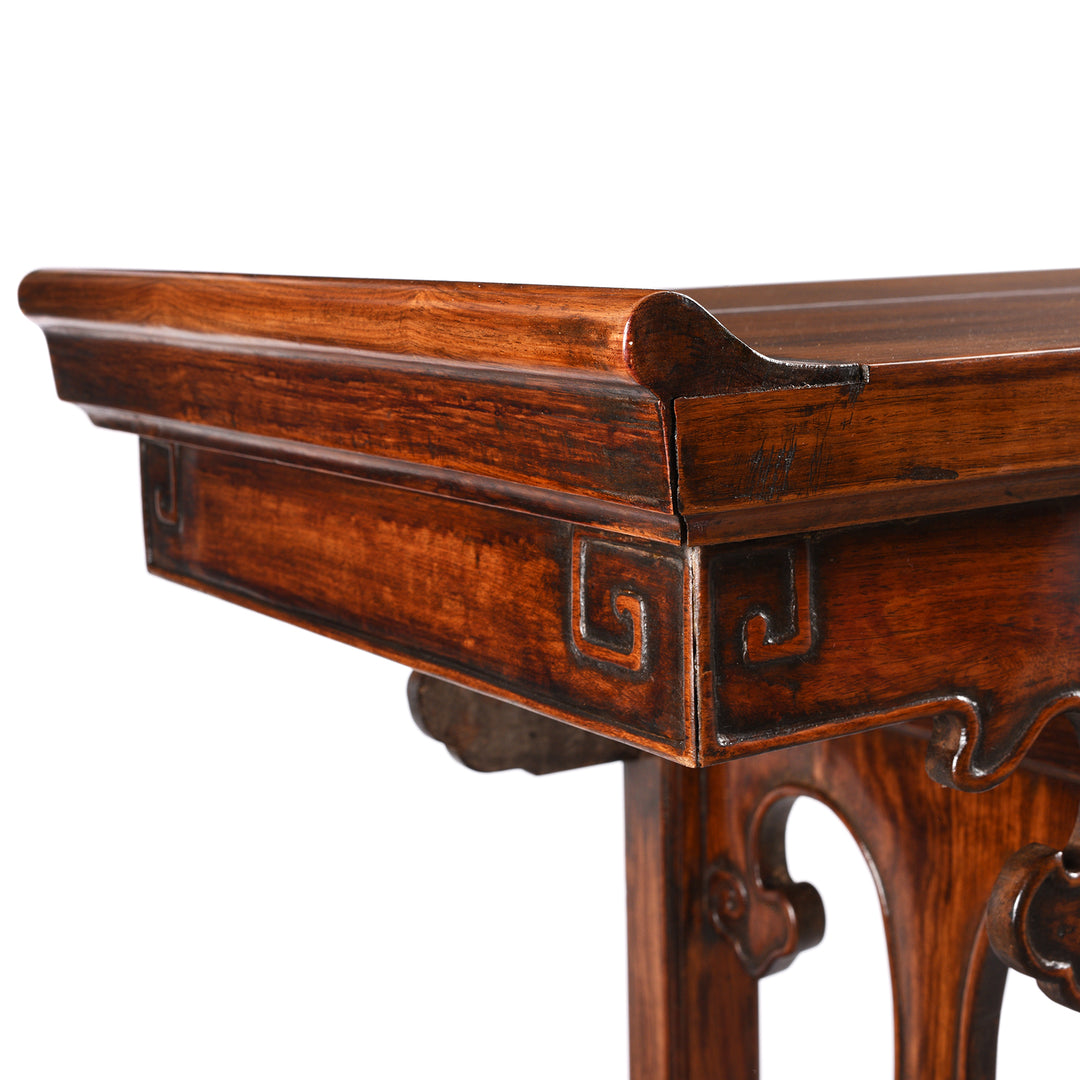 Angeld VIew Of Scroll End Shwwing Carving On Antique Chinese Huali Altar Table | indigo Antiques
