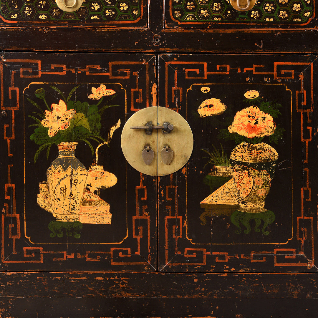Doors Detail From Antique Black Painted Mongolian Sideboard | Indigo Antiques