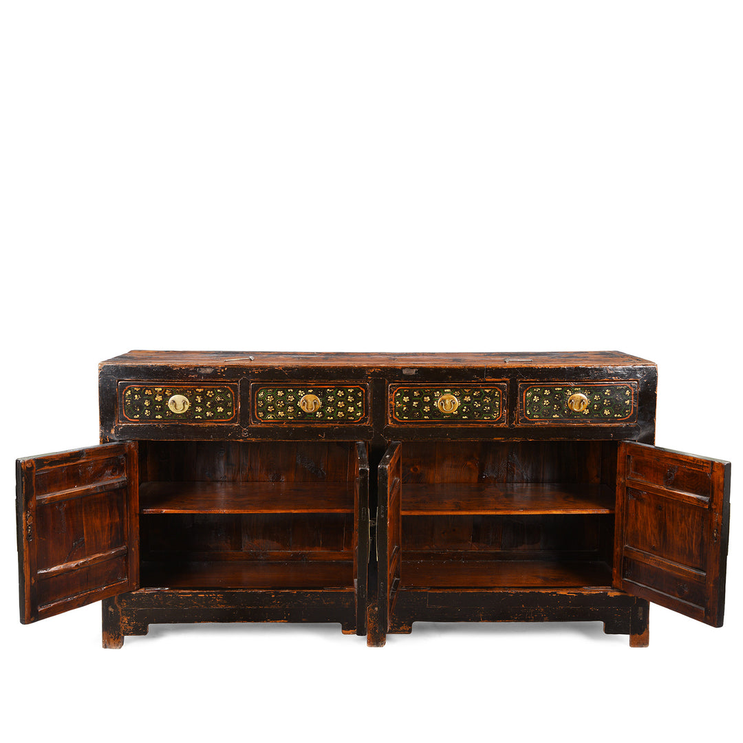 Open Doors View Of Antique Black Painted Mongolian Sideboard | Indigo Antiques