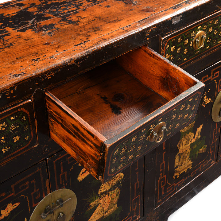 Drawer Detail From Antique Black Painted Mongolian Sideboard | Indigo Antiques