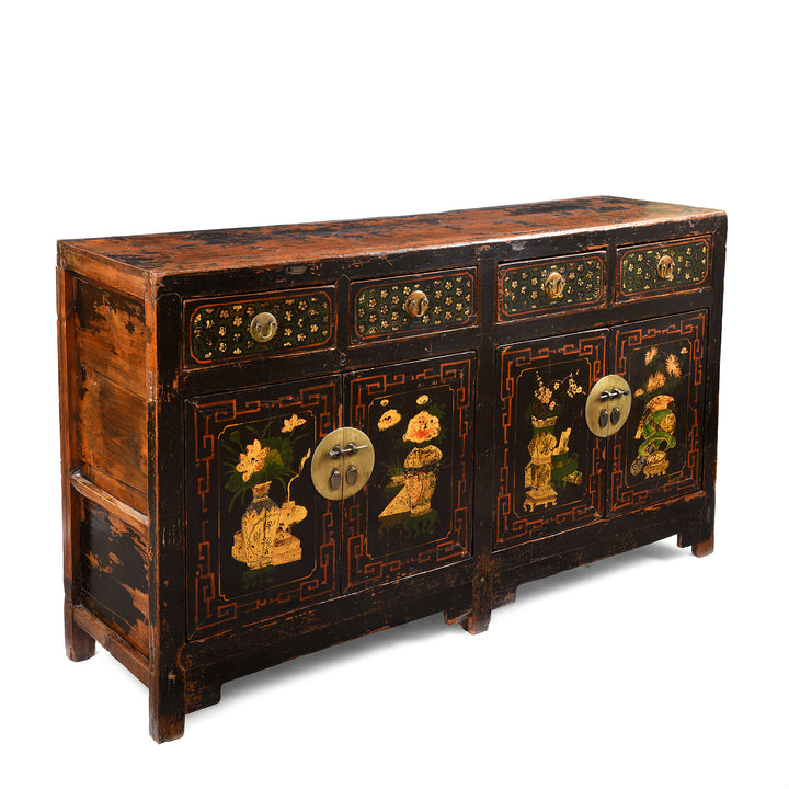 angled View Of Antique Black Painted Mongolian Sideboard | Indigo Antiques