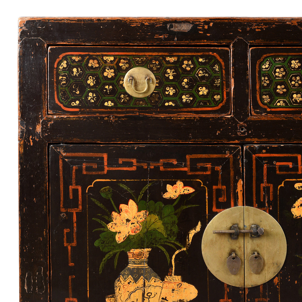 Corner Detail From Antique Black Painted Mongolian Sideboard | Indigo Antiques