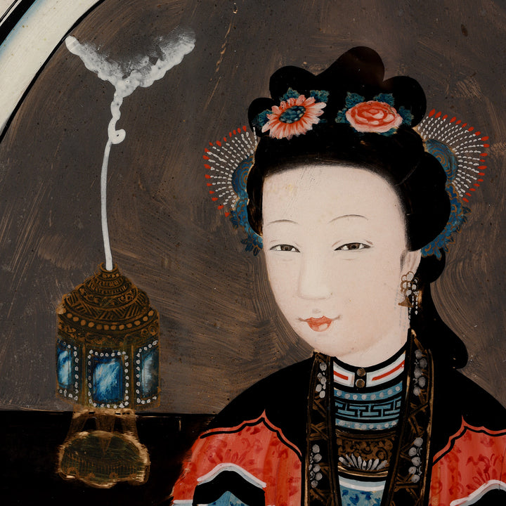 Face Detail From Antique Pair of Framed Reverse Glass Paintings | Indigo Antiques