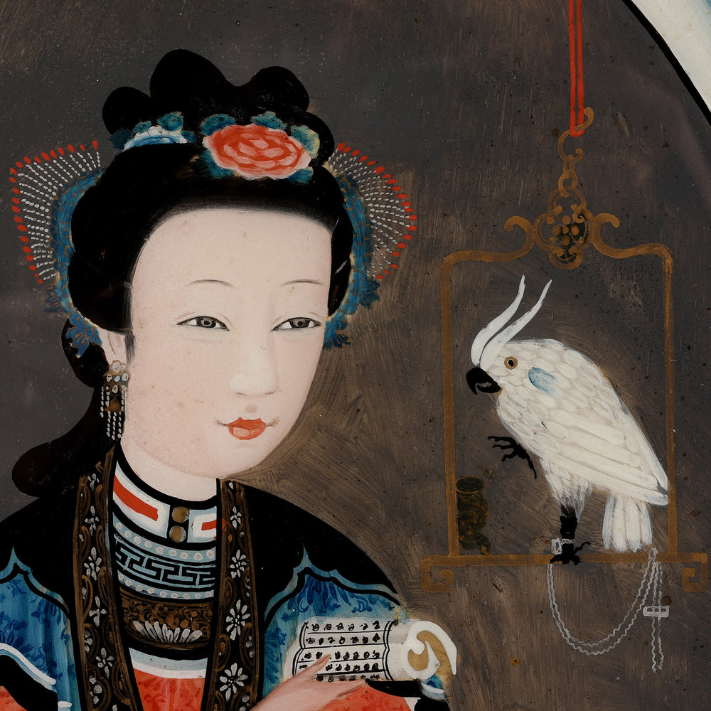 Face Detail From Antique Pair of Framed Reverse Glass Paintings | Indigo Antiques