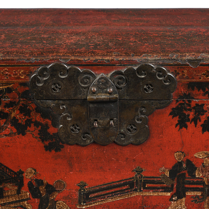 Brass hardware detail with coin designs on a beautiful red lacquered antique Chinese chest from Shanxi province - 18th century
