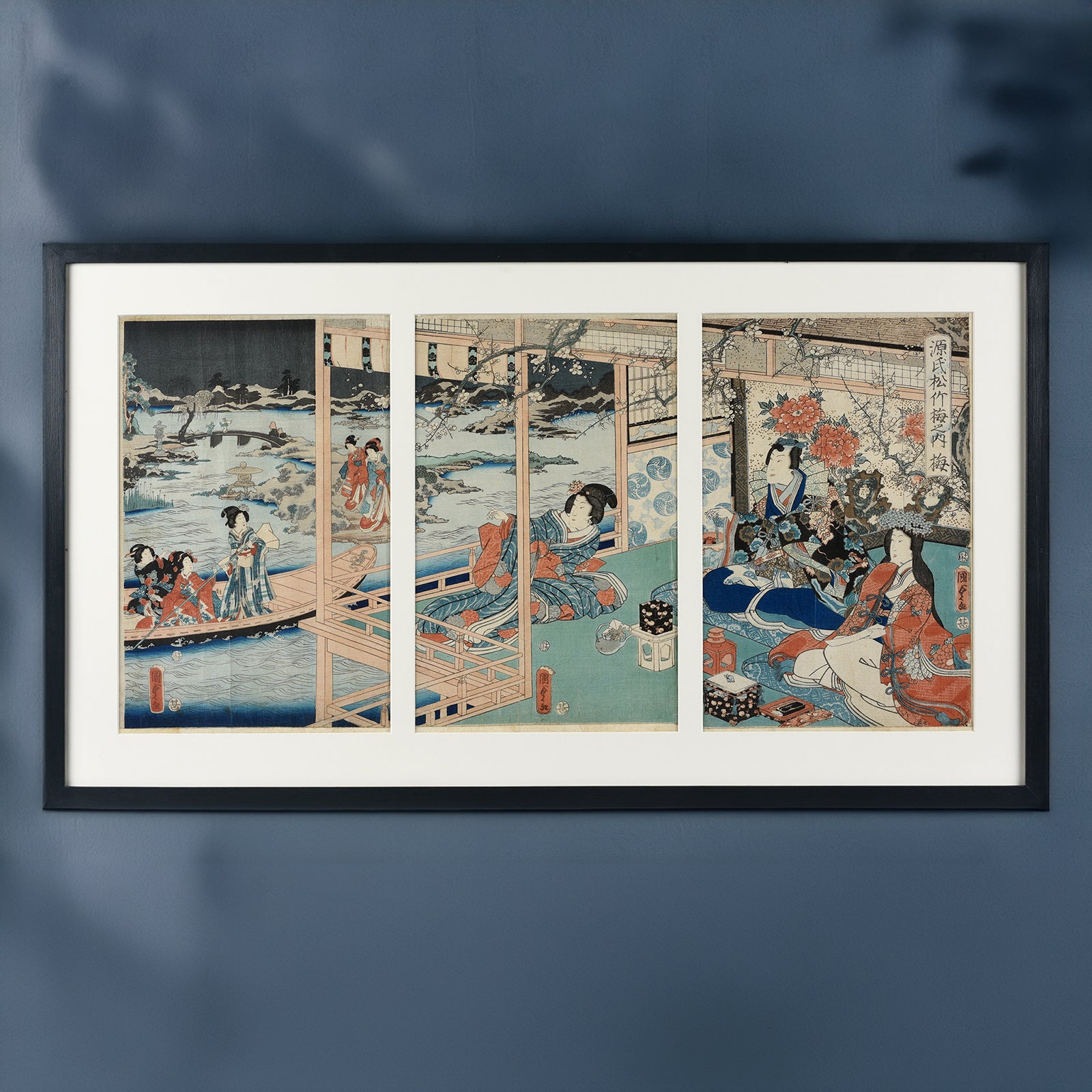 Framed Japanese Triptych Woodblock Print By Utagawa Kunisada II