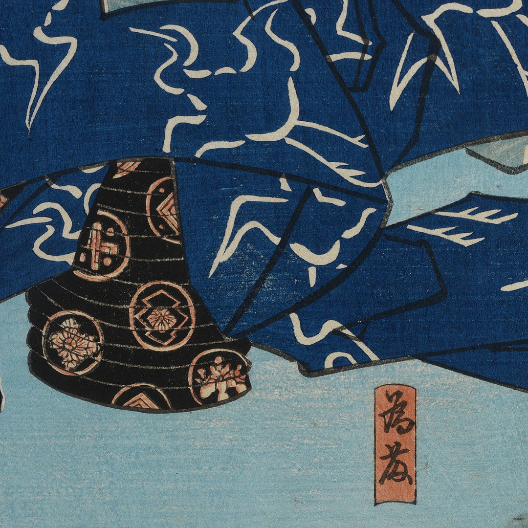 Detail From Antique Framed Japanese Triptych Woodblock Print "Kanjincho" Kabuki Triptych By Kuniyoshi | Indigo Antiques