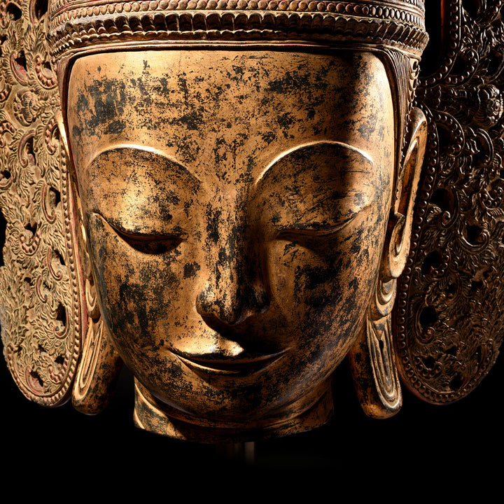 Antique Large Gilt Burmese Shan Buddha Head - Ca 1940 | Indigo Antiques