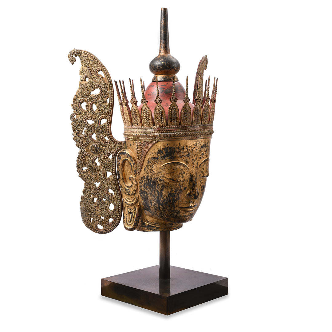 Angled View Of Antique Large Gilt Burmese Shan Buddha Head - Ca 1940 | Indigo Antiques