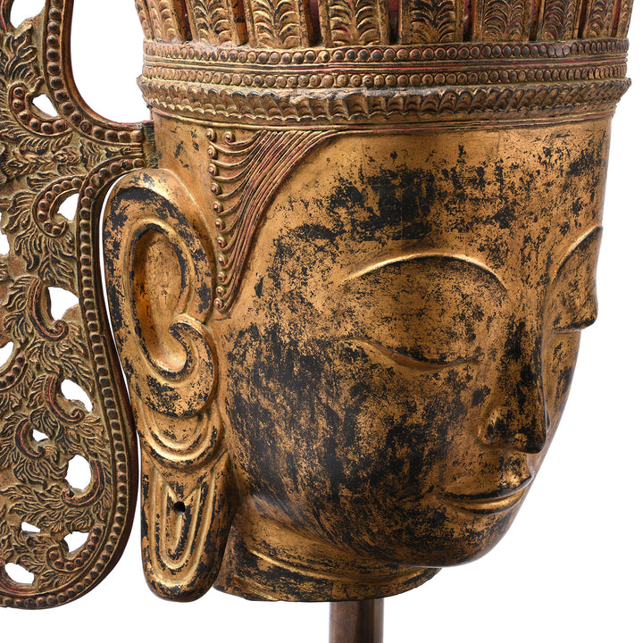 Angled View Of Antique Large Gilt Burmese Shan Buddha Head - Ca 1940 | Indigo Antiques