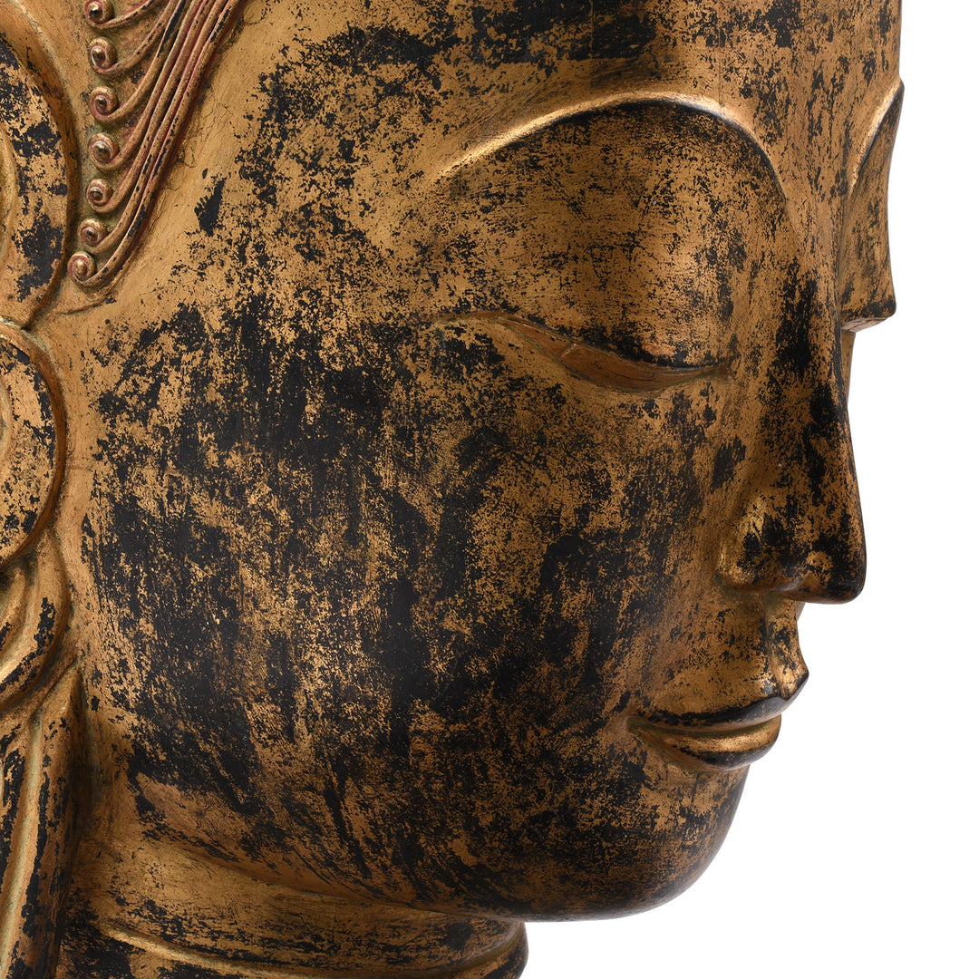 Close Up Detail From Antique Large Gilt Burmese Shan Buddha Head - Ca 1940 | Indigo Antiques