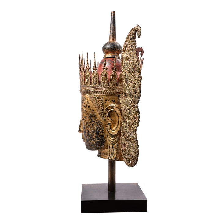 Side View Of Antique Large Gilt Burmese Shan Buddha Head - Ca 1940 | Indigo Antiques