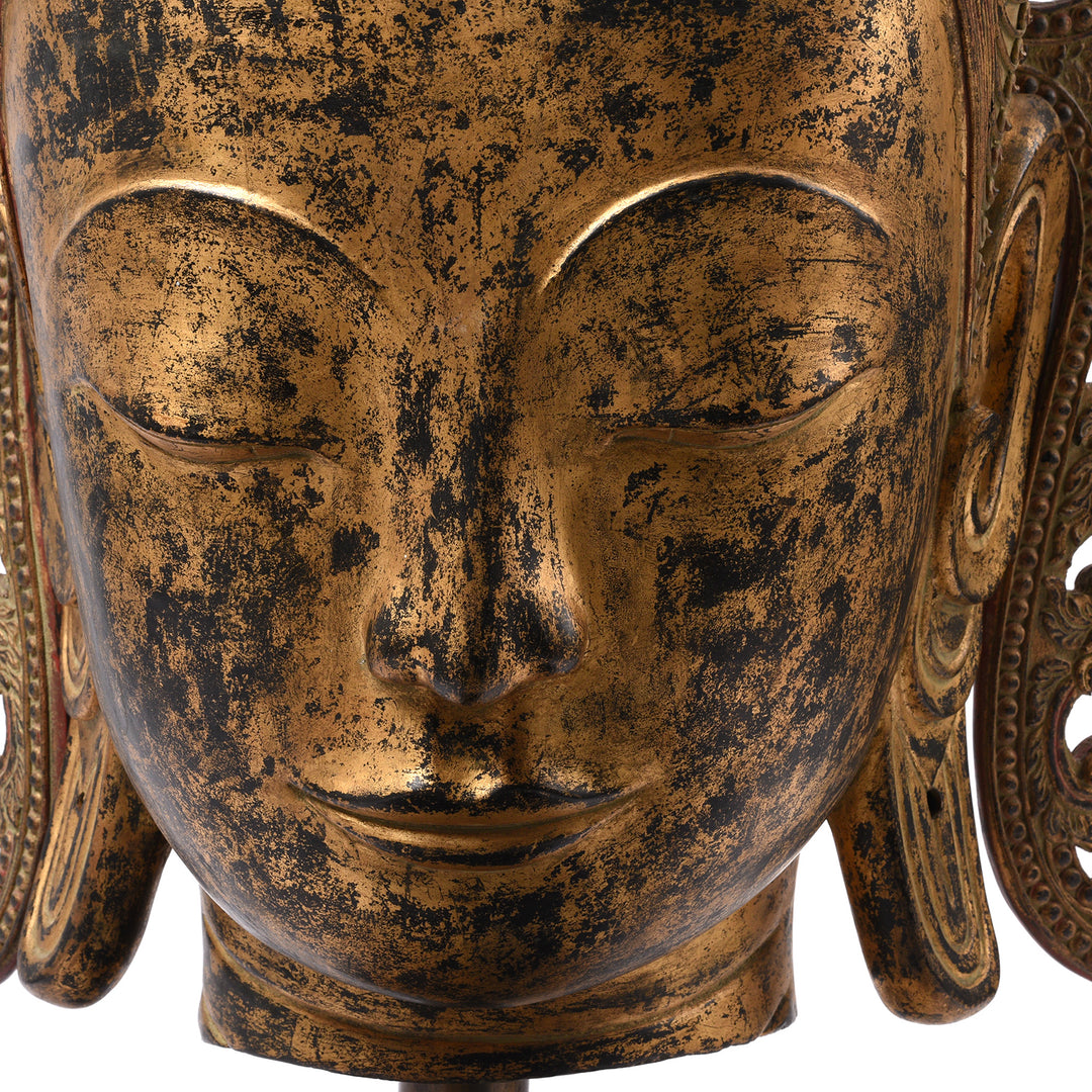 Face Detail From Antique Large Gilt Burmese Shan Buddha Head - Ca 1940 | Indigo Antiques