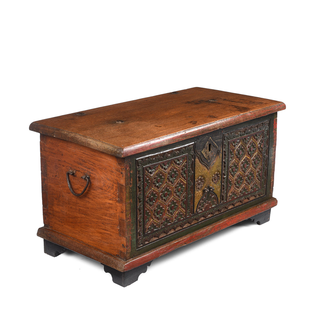 Angled View Of Antique Painted Indonesian Chest | Indigo Antiques
