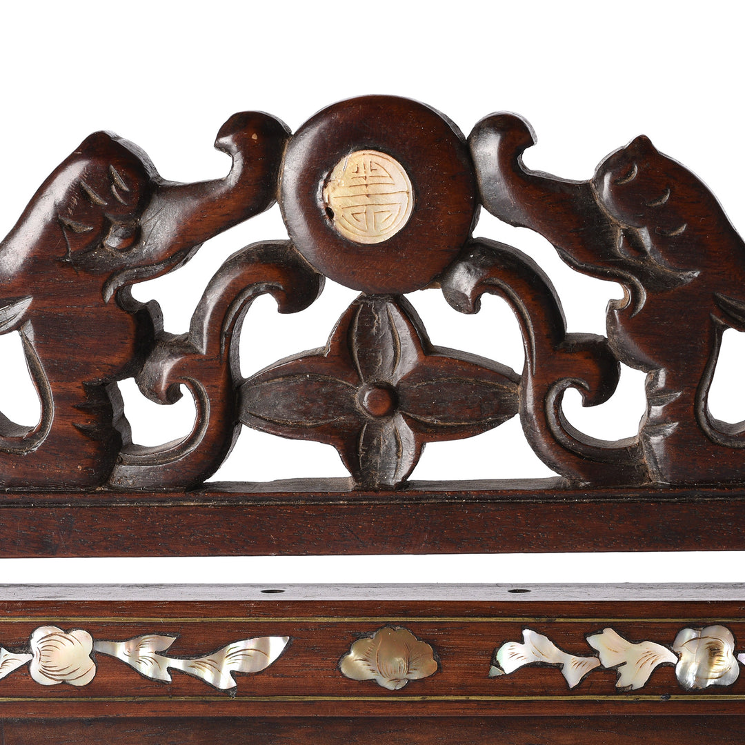 Carving Detail From Antique Chinese Mother of Pearl Inlaid Hardwood Vanity Mirror - Late 19th Century | Indigo Antiques