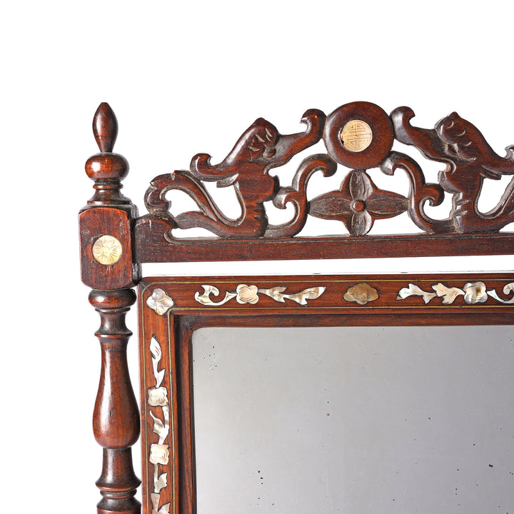 Corner Detail From Antique Chinese Mother of Pearl Inlaid Hardwood Vanity Mirror - Late 19th Century | Indigo Antiques