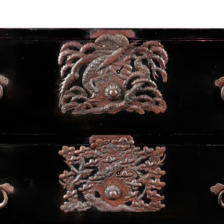 Ironwork Detail From Antique Japanese Black Lacquer Isho Dansu From Tsuruoka, Yamagata - Meiji Period | Indigo Antiques