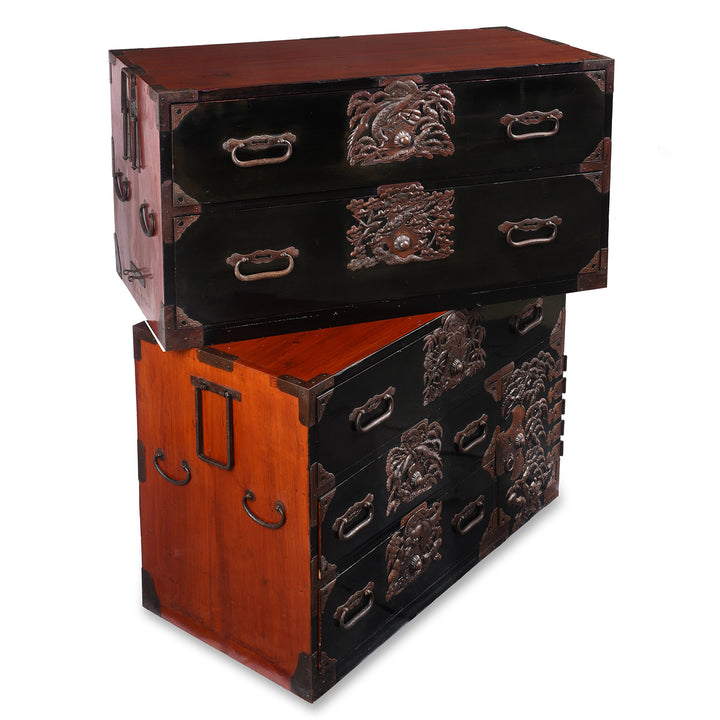 Split View Of Stacking Antique Japanese Black Lacquer Isho Dansu From Tsuruoka, Yamagata - Meiji Period | Indigo Antiques