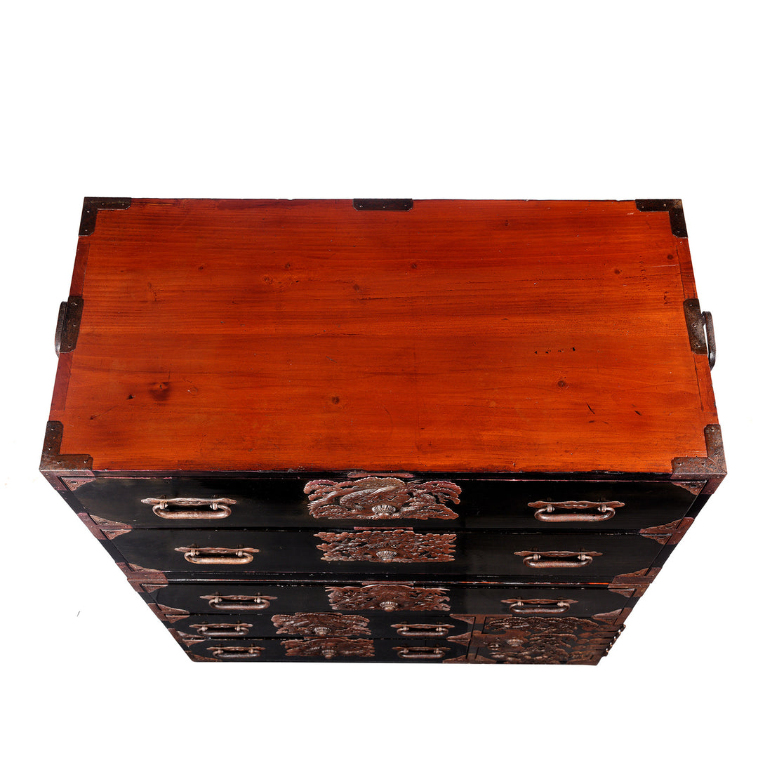 Top Down View Of Antique Japanese Black Lacquer Isho Dansu From Tsuruoka, Yamagata - Meiji Period | Indigo Antiques