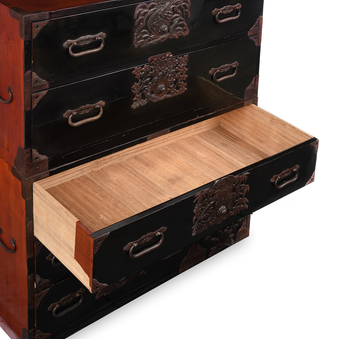 Large Drawer Detail From Antique Japanese Black Lacquer Isho Dansu From Tsuruoka, Yamagata - Meiji Period | Indigo Antiques