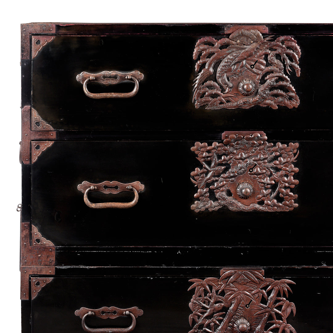 Corner Detail From Antique Japanese Black Lacquer Isho Dansu From Tsuruoka, Yamagata - Meiji Period | Indigo Antiques