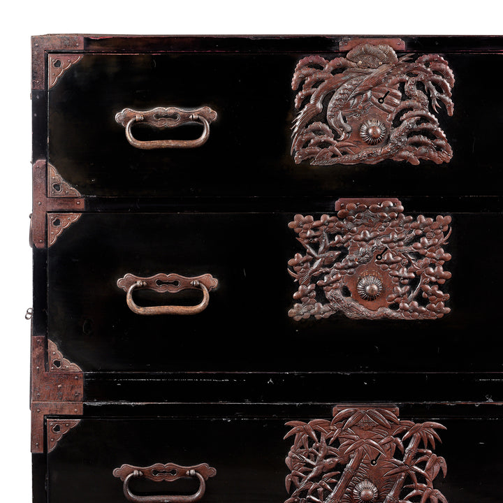 Corner Detail From Antique Japanese Black Lacquer Isho Dansu From Tsuruoka, Yamagata - Meiji Period | Indigo Antiques