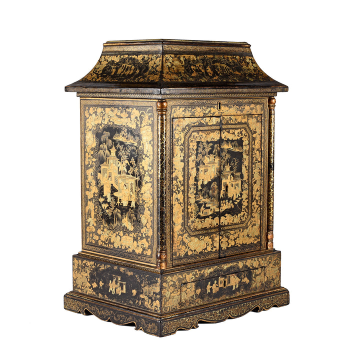 Angled View Of Antique Gilt Black Lacquer Chinese Canton Export Jewellery Cabinet - Early 19th Century | Indigo Antiques