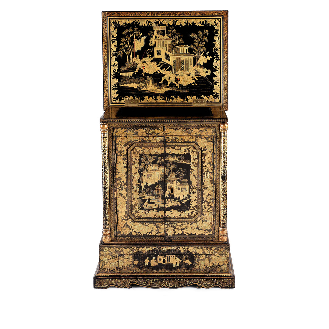 Open Lid View Of Antique Gilt Black Lacquer Chinese Canton Export Jewellery Cabinet - Early 19th Century | Indigo Antiques