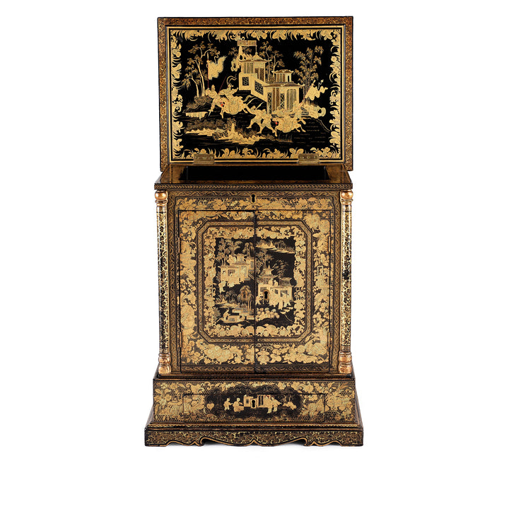 Open Lid View Of Antique Gilt Black Lacquer Chinese Canton Export Jewellery Cabinet - Early 19th Century | Indigo Antiques