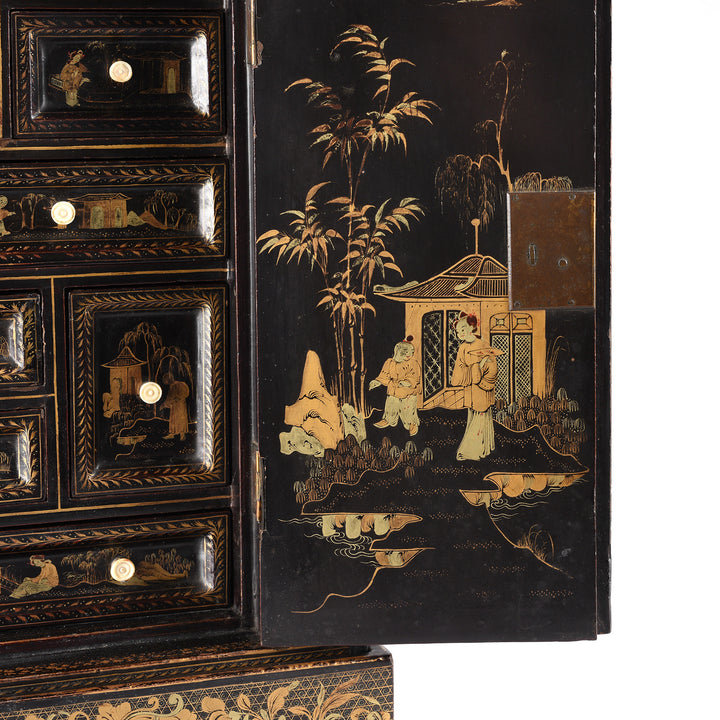 Doors Detail From Antique Gilt Black Lacquer Chinese Export Jewellery Cabinet - Early 19th Century | Indigo Antiques