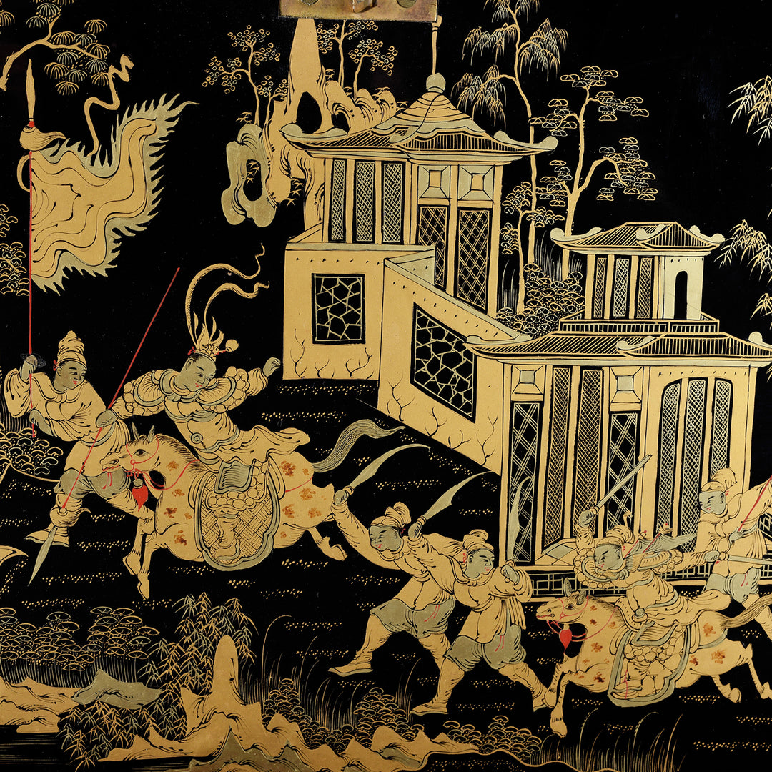Artwork Detail From Antique Gilt Black Lacquer Chinese Export Jewellery Cabinet - Early 19th Century | Indigo Antiques