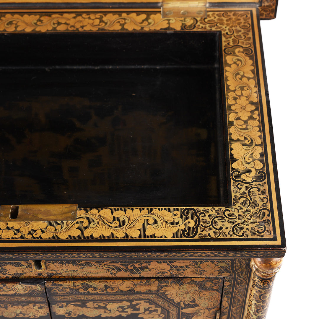Detail From Antique Gilt Black Lacquer Chinese Export Jewellery Cabinet - Early 19th Century | Indigo Antiques